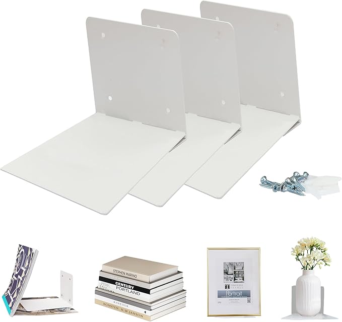 STORAGE MANIAC Floating Book Shelves for Wall Mounted Invisible Floating Bookshelves Heavy-Duty Steel Hidden Bookshelf Hanging Bookshelves for Bedroom Living Room Office, White 3-Pack Extra Large