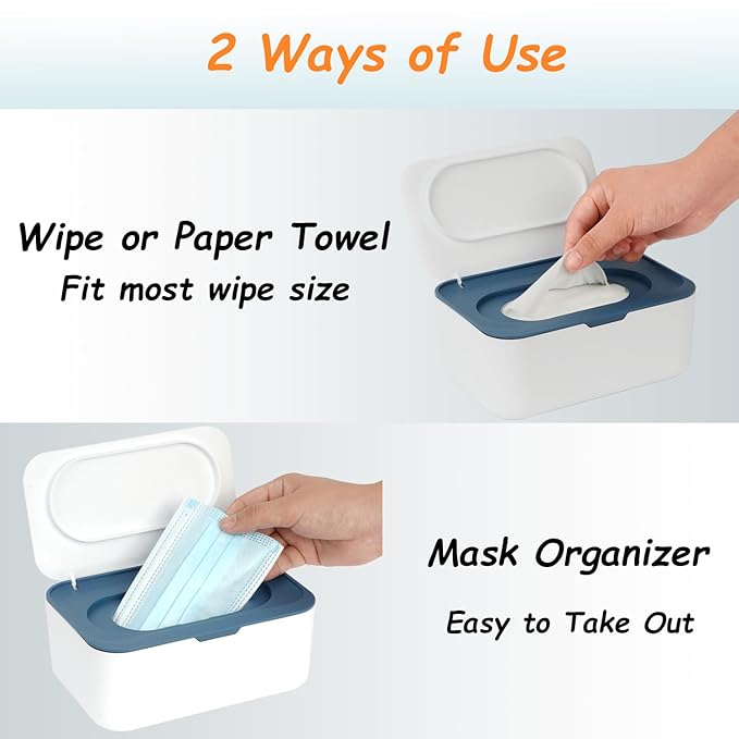 Wipes Dispenser, Wipe Holder for Baby & Adult, Seposeve Refillable Wipe Container, Keeps Wipes Fresh, One-Handed Operation. Non-Slip, Easy Open/Close Wipes Pouch Case, Blue