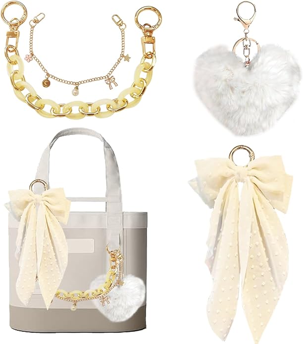 CuddleJunk Bag Charms for Tote Bags, Satin Bow Keychain Kit Accessories for Yeti Camino, Fluffy Ball Gold Chains Charms for Women Purse Beach Handbag