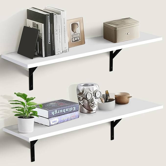 Heavy Duty Long Wall Shelves Set of 2, Floating Shelves Wall Mounted with Industrial Brackets, 40lbs Capacity Shelves for Laundry Room, Kitchen, Bathroom, Living Room (31.5"*8",White)