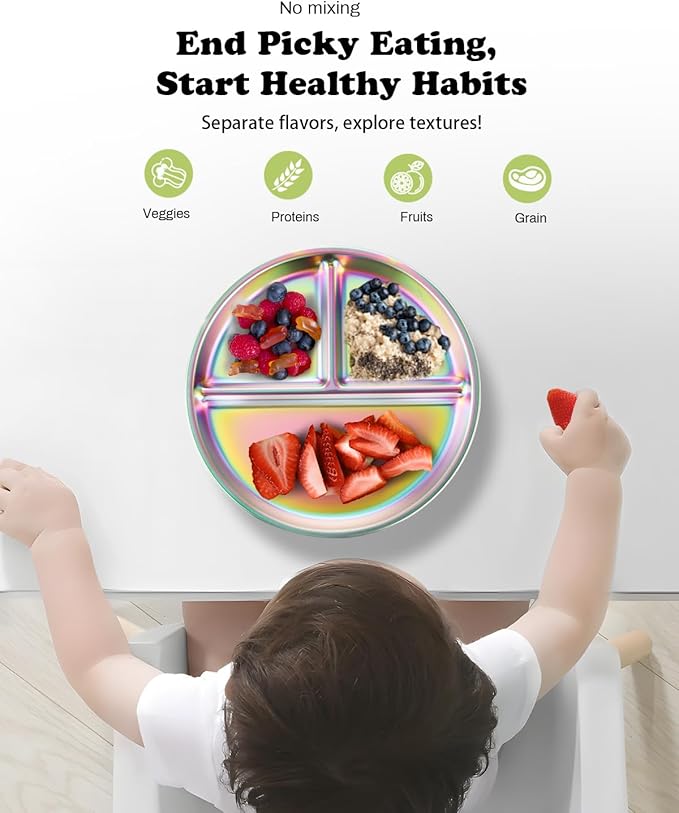 Bakpoco Stainless Steel Kids Plates 4 Packs, 8" Divided Toddlers Portion Control Plate, Non Toxic & BPA Free |Unbreakable |Dishwasher Safe Baby Snack Dish for Daycare, Colorful Meal Time Chums
