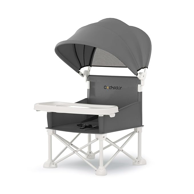 Cochildor 4-in-1 Portable Baby Chair, Foldable Toddler Booster Seat with Removable Tray, Canopy & Safety Harness, Gray