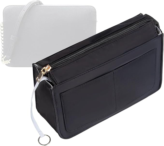Vercord Purse Organizer Insert with Zipper for Women Hobo Handbags Shaper Insert 12 Pockets Bag Black Medium