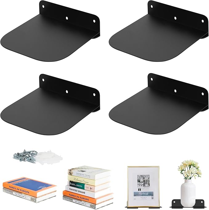 STORAGE MANIAC Floating Book Shelves for Wall Mounted Invisible Floating Bookshelves Heavy-Duty Steel Hidden Bookshelf Hanging Bookshelves for Bedroom Living Room Office, Black 4-Pack