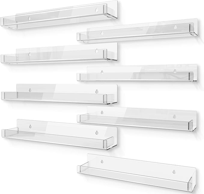 RORKIM 8 Pack 15 Inch Clear Acrylic Shelves, Clear Kids Floating Bookshelf for Kids Room, Modern Nail Polish Rack Sunglasses Essential Oil Picture Ledge Display Toy Storage Wall Shelf