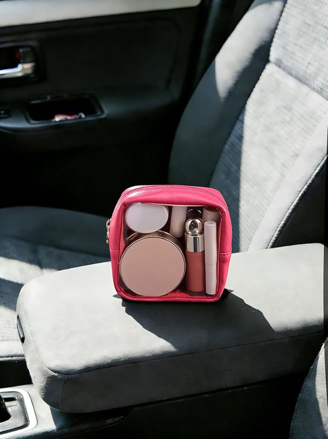 Pocmimut Clear Makeup Bag, Easy to Find Mini Makeup Bag for Purse, Travel Makeup Bag for Car, Compact Cosmetic Pouch for Daily Essentials,Hot Pink
