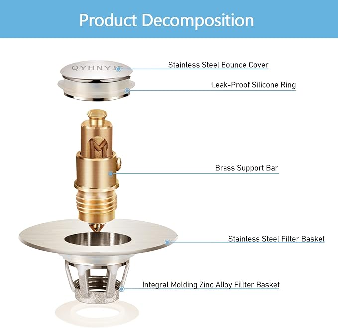 QYHNYJF Bathroom Sink Stoppers Brushed Nickel – Pop Up Drain Stopper & Strainer, 2-in-1 Universal Sink Stopper for 1.1" to 1.5" Bathroom Sink Drain Pipes, Brushed Nickel Finish