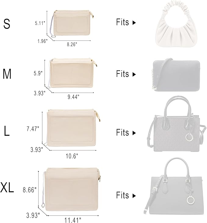 Vercord Purse Organizer Insert with Zipper for Women Hobo Handbags Shaper Insert 12 Pockets Bag Beige Large
