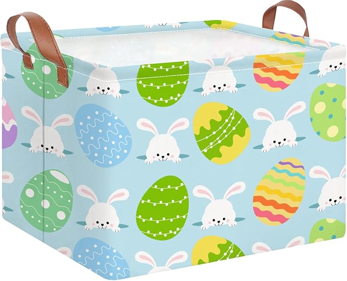 HKEC Rectangle Easter Gift Basket Empty with Handles for Kids,Cute Organizer Toy Bin,Books Basket,Room Decor(Easter Rabbit Basket)
