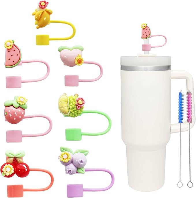 7Pcs 10mm Flower Fruit Straw Cover for Stanley Cup,Dust-Proof Straw Topper for 30&40 oz Tumblers and Water Bottles,Reusable Tumbler Cup Accessories for Stanley，Funny Gifts for Women & Girls