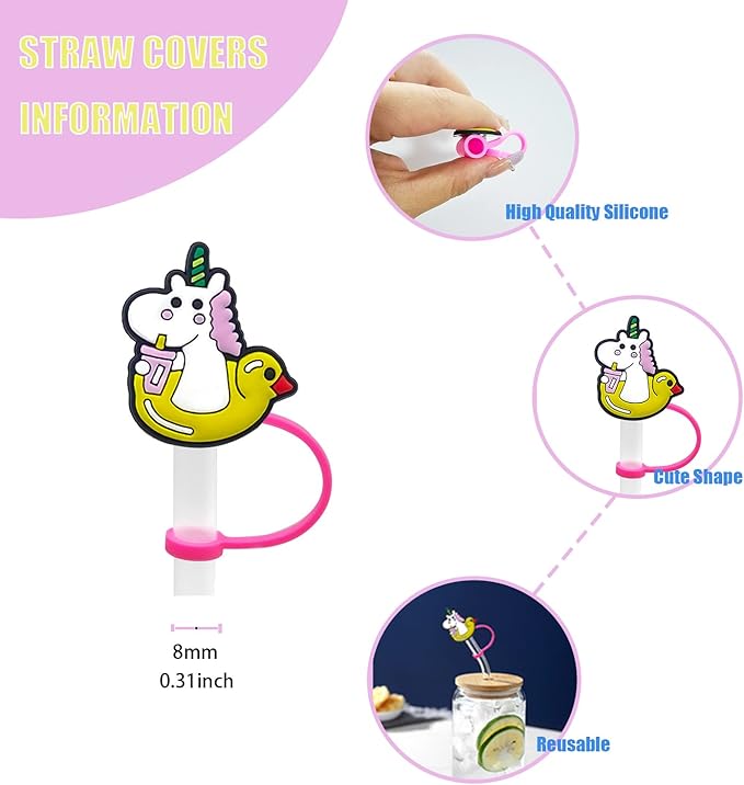 11Pcs Cute Silicone Straw Covers Cap,RENUIS Straw Cap Toppers for Tumblers,Reusable Portable Drinking Straw Tips Lids, Dust-Proof Straw Plugs Soft Protector Cover for 6-8 mm Straws (Unicorn Theme)