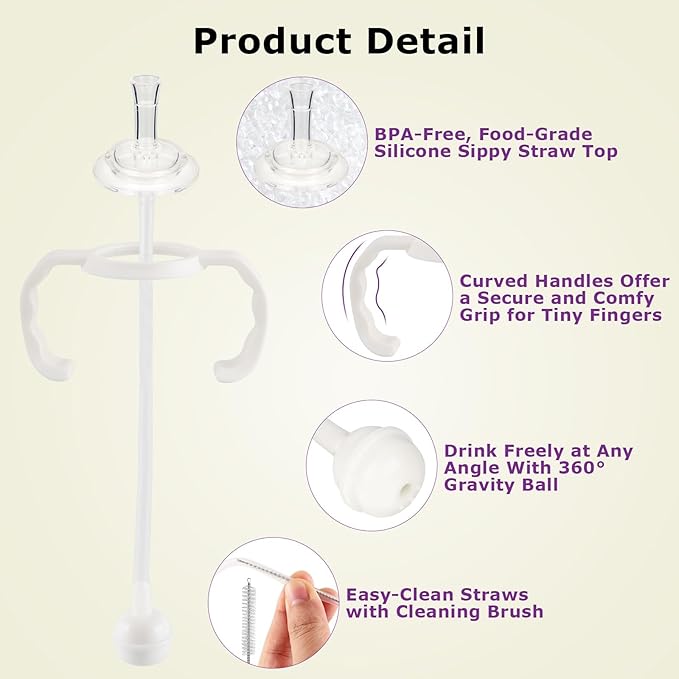 Straw Cup Conversion Kit for Dr Browns Narrow and Narrow Glass Baby Bottles, Weighted Straw Replacement Kit with Soft Straw Top and Handle,6m+,Set of 2