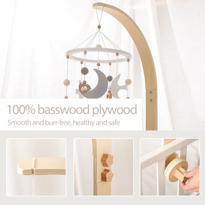 let's make Baby Crib Mobile Arm - Wooden Baby Mobile Crib Holder for Hanging Baby Crib Attachment for Nursery Decor (Curved Structural Arm)