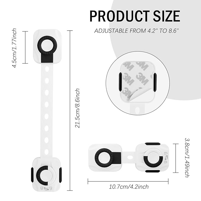 FYY Child Safety Cabinet Locks - Baby Proofing Child Safety Locks Strap, (6-Pack) 3M Adhesive Adjustable Door Latches for Cabinets and Drawers, Multi-Purpose for Furniture Toilet Seats Ovens, Black