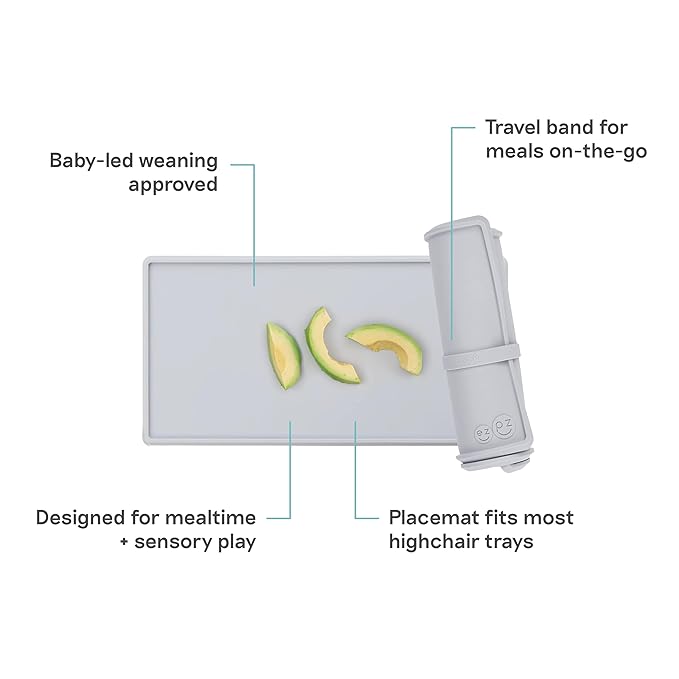 ezpz Tiny Placemat (Pewter) - 6 Months+ - Non-Slip, 100% Silicone Placemat for Infants and Toddlers - Fits on Most Highchair Trays - Rolls-Up - Baby Led Weaning Supplies