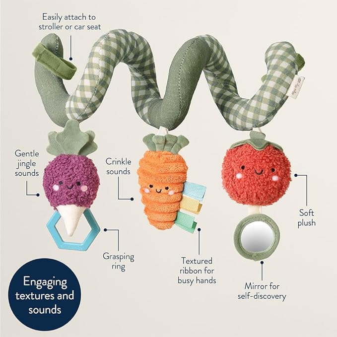 Itzy Ritzy Spiral Car Seat & Stroller Activity Toy - Stroller & Car Seat Toys for Ages 0 Months and Up - Hanging Toys Include Dangling Ring, Mirror and Textured Ribbons (Veggie)