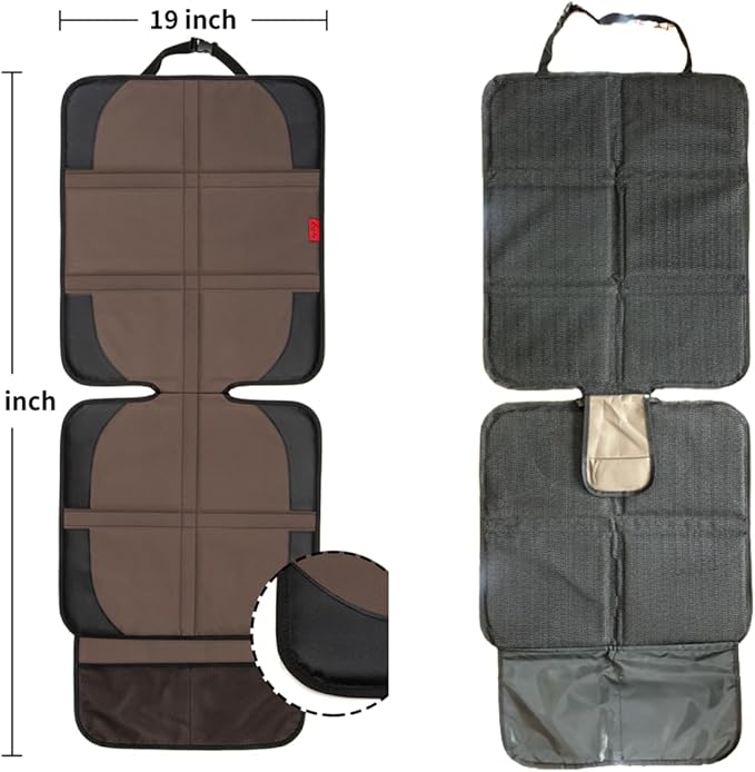 Car Seat Protector with Thick Padding + XL Large Car Seat Cover for Child Car seat, Eco Friendly Waterproof & Durable Fabric + 2 Storage Pockets Protect Fabric or Leather Seats 2Pack (Brown)