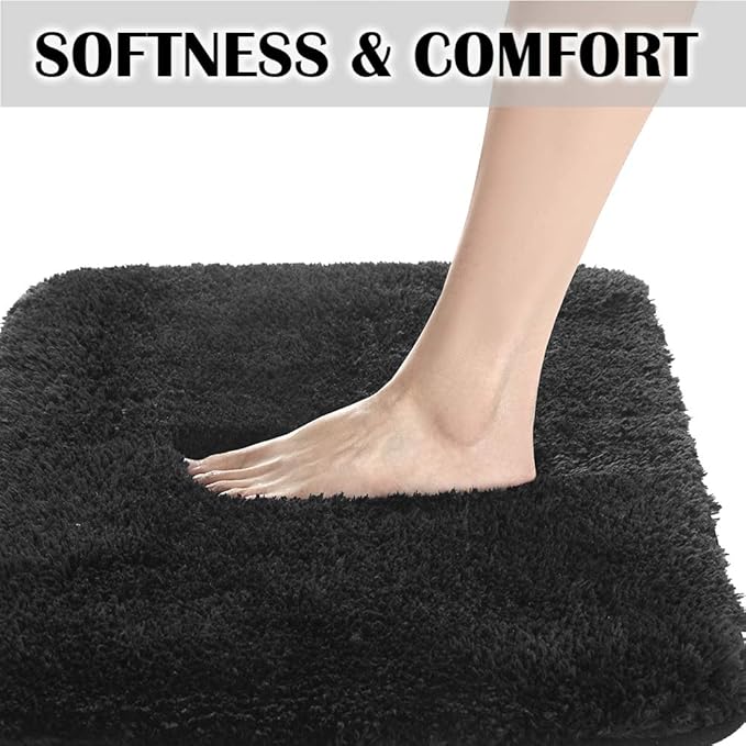 Suchtale Non Slip Bath Mat, Water Absorbent Soft Microfiber Shaggy Bath Mat, Machine Washable Thick Plush U Shape Toilet Rug (20 x 24, Black)
