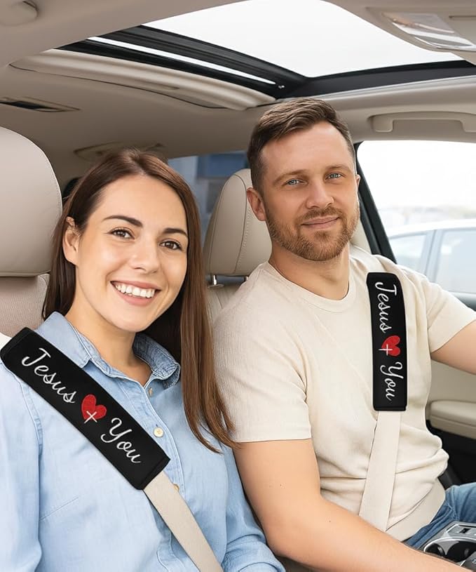 2 Pack Car Seat Strap Pads with 3 PCS Jesus Loves You Car Stickers, Universal Seatbelt Covers, Christian Car Decals for Women and Men