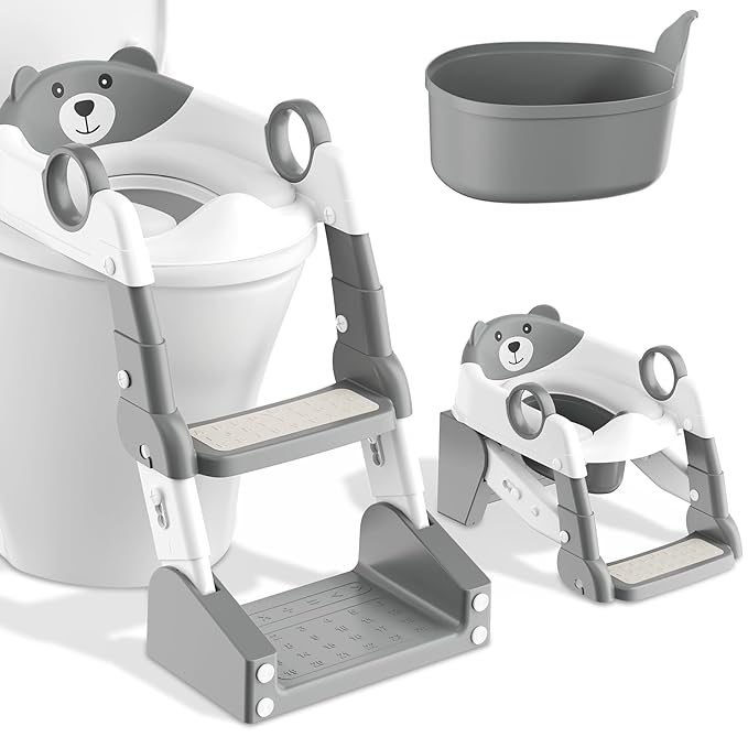 Potty Training Seat, 2-in-1 Toddler Toilet Training Seat & Potty Chair for Kids Boys Girls, Height Adjustable Toilet Seat with Splash Guard, Stable Wide Base Design, Anti-Slip Steps Stool