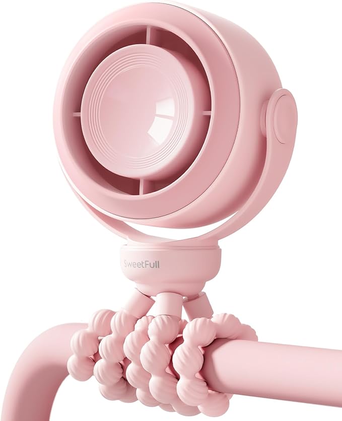SWEETFULL Portable Stroller Fan, Pinch-Proof Baby Fan, 10H Battery, 5-Speed Quiet Mini Clip on Fan, USB-C Rechargeable with LED Display for Car Seat, Crib & Travel - Pink
