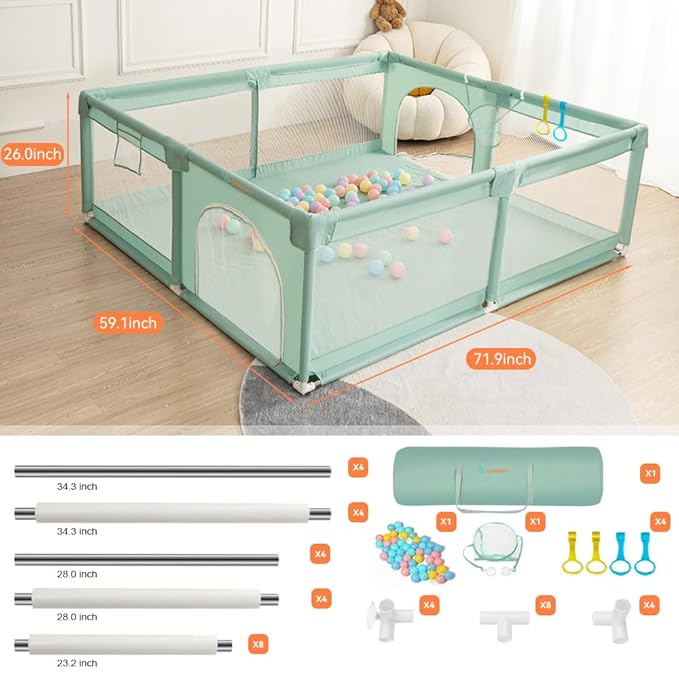 COMOMY Playpens for Babies and Toddlers, 71"x59" Baby Playard Extra Large, Safe and Non-Slip Baby Fence, Full Mesh Design, Indoor & Outdoor Kids Activity Center, Play Pens (Dark Green)