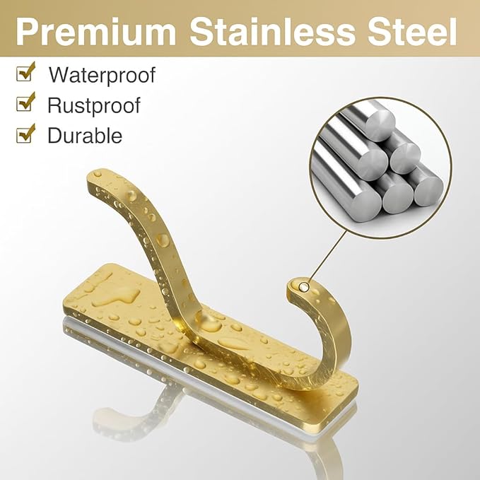 pickpiff Adhesive Wall Coat Hooks - Heavy Duty Stick-On Door Hanger, Metal Hook for Hanging Towel,Purse, Robe, Backpack, Jacket, Clothes - for Bathroom,Dorm, Closet, Kitchen - Gold, 10 Pack