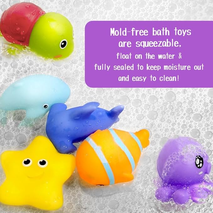 No Hole Bath Toys for Kids Ages 1-3, 8 Pcs Ocean Bath Toys with Storage and Net, Sealed & Squeezable & Float on Water