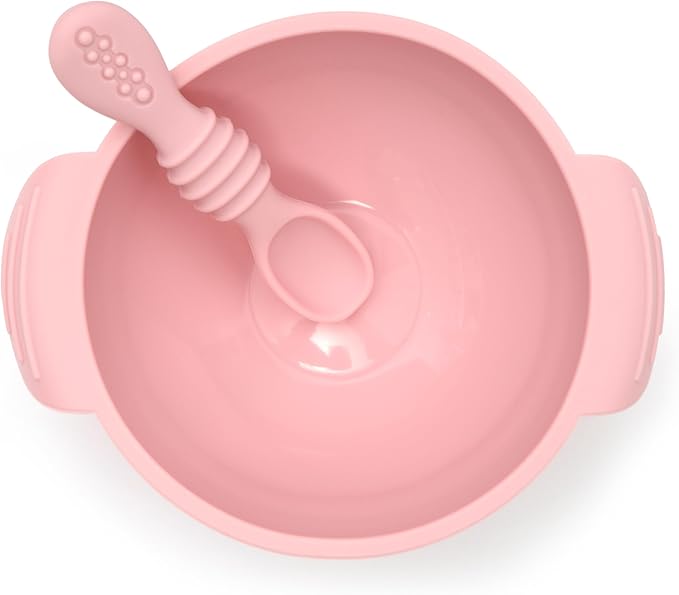 PrimaStella Unbreakable Silicone Non-Slip Bowl and Chew Spoon Set for Babies and Toddlers (Pink)