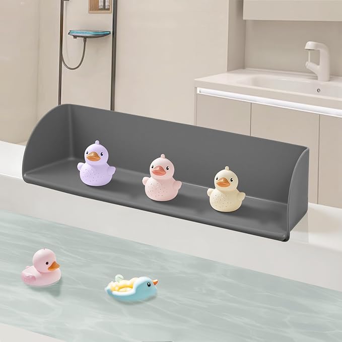 Silicone Bathtub Splash Guard with Strong Suction Cups, Bath Toy Holder & Water Spill Protector for Kids, No-Mess Play Shelf Organizer, Toddler Bath Essentials (Gray)