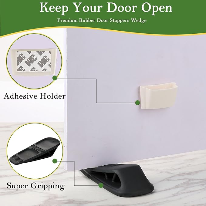 Fursafe&Q Rubber Door Stoppers for Bottom of Door, Door Stop Wedge with Holder, Heavy Duty Doorstops 8 Pack, Wall Protector for Home & Office & School & Commercial Doorstop Keep Open Stack Black
