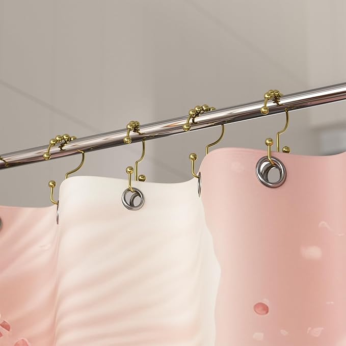 Titanker Gold Shower Curtain Hooks Rings, Rust-Resistant Metal Double Glide Shower Hooks Rings for Bathroom Shower Curtains Rods, Set of 12 Hooks - Light Gold
