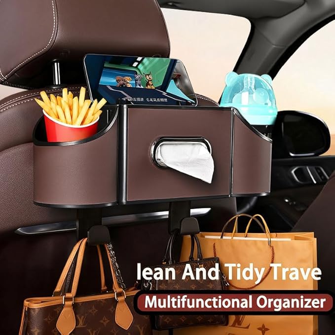 Back Seat Car Organizer,4 in 1 Multifunctional Car Back Seat Storage Box with Drink Cup Holder Tissue Box, for Hold Phone,Snacks, Drinks, Handbag