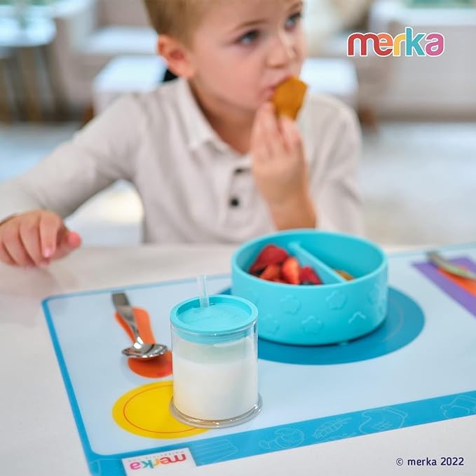 Merka Place Setting Placemat for Kids - 17 x 11 in, Multicolor Silicone, 2-Pack for Ages 2+ - Reusable & Washable Educational Placemat with Guided Utensil Placement & Table Manners