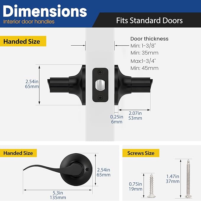 Passage Door Handle Keyless Closet Door Handles Interior Wave Lever Door Handle for Hallway, Reversible for Right & Left, Matte Black