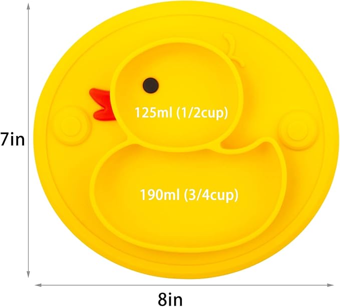Linowos Silicone Divided Toddler Plates, Portable Non Slip Suction Plates for Children Babies and Kids BPA Free Baby Dinner Plate (Duck-Yellow) 1