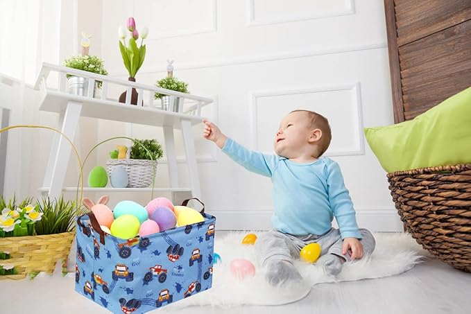 Sanjiaofen Rectangular Monster Truck Basket Organizer.Kids Baskets,Boys Storage Basket with Handles.Car Bins for Kids,Books, Gifts Storage. (Monster Trucks )