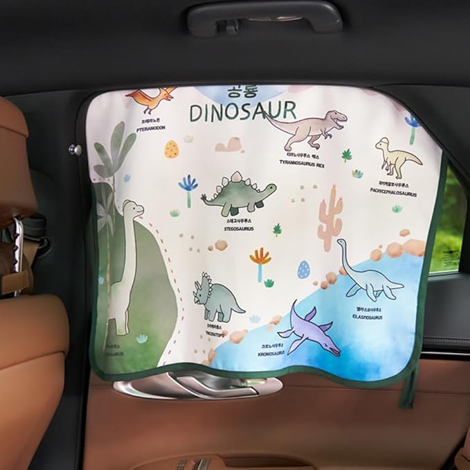 BEBEDECO Magnetic Car Sun Shade Curtain for Side Window – Sun Blocker and UV Protector for Baby, Kids, and Pets – Universal Fit with Built-in Magnets for Steel-Framed Door (Magnet-Dino Friends)