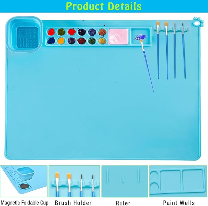 Lymoc Painting Stations,Silicone Art Mat [1x Apron,1 Pair Oversleeve,20 Pieces Brushes] Painting Craft Mats 21"X17" with Detachable Cup for Resin for Kids Gift,Paint, Clay, DIY Projects