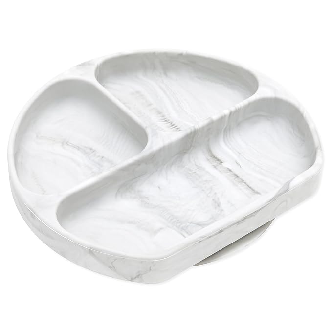 Bumkins Toddler and Baby Suction Plate, Divided Grip Dish for Babies and Kids, Baby Led Weaning, Feeding Supplies, Sticks to Tables and Highchairs, Platinum Silicone, for Chidren 6 Months, Marble