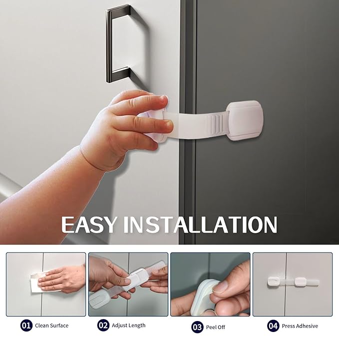 Premium Child Safety Locks – Adjustable, No-Drill & Easy-Install Home Safety Kit – Cabinet & Drawer Locks (6-Pack) (Child Safety Straps)