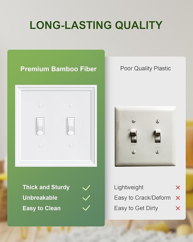 2-Pack Double Toggle Light Switch Cover Plate, White Decorative Dual Switch Plate Covers,Natural Bamboo Fiber 2 Gang Wall Plate, Corrosion Resistant