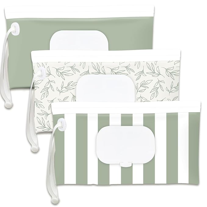 Baby Wipe Holder,Wipe Dispenser, 3-Pack Portable Refillable Wipe Container,Reusable Travel Baby Wipes Case, Waterproof and Dustproof, Wipe Holder for Diaper (Green)