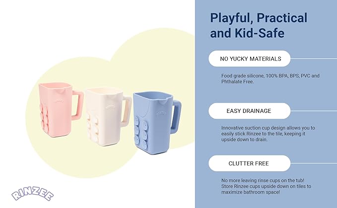 Rinzee® Baby Bath Cup with Suctions - BPA Free, 100% Food Grade Silicone Rinse Cup, Clutter-Free Tub Area, Kids Learning Tool, Sticks to Tiles, Drains Water Upside Down-patent pending