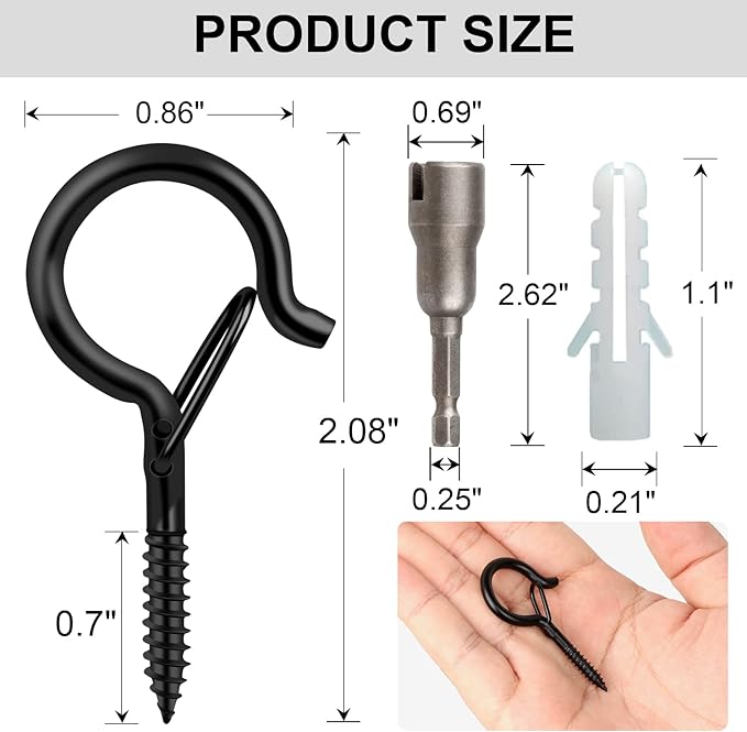 FSAH 96 PCS Q-Hanger Hooks, Screw Hooks for Outdoor String Lights, Safety Buckle Design Cup Eye Hook for Hanging Christmas Lights, Plants, Mounted on Wall Ceiling, Include 1 Wing Nut Driver, Black