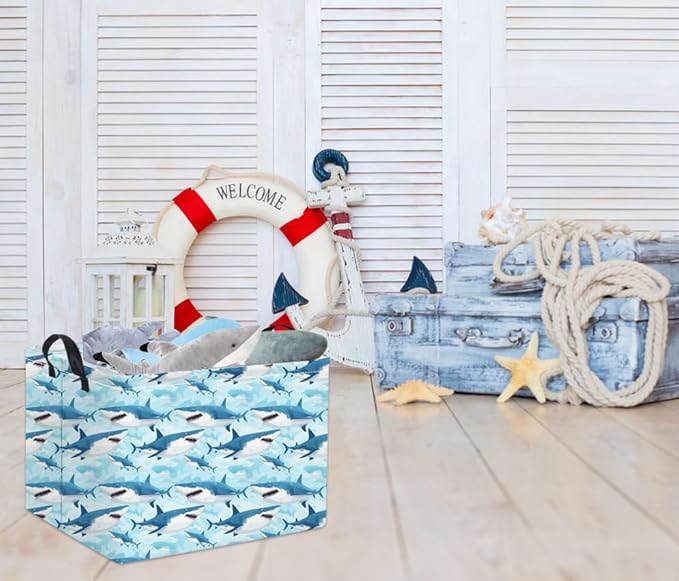 TIBAOLOVER Rectangular Shark Basket Baby Kids Storage Basket Cute Kids Toy Storage Bin Organizer Shelf Book Room Decor(Sharks)