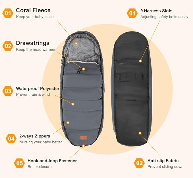 Zooawa Warm Bunting Bag Universal, Waterproof Baby Stroller Sleeping Bag for Cold Weather, Stroller Toddler Footmuff, Extra Thick, Fits 6-36 Months Baby, Gray