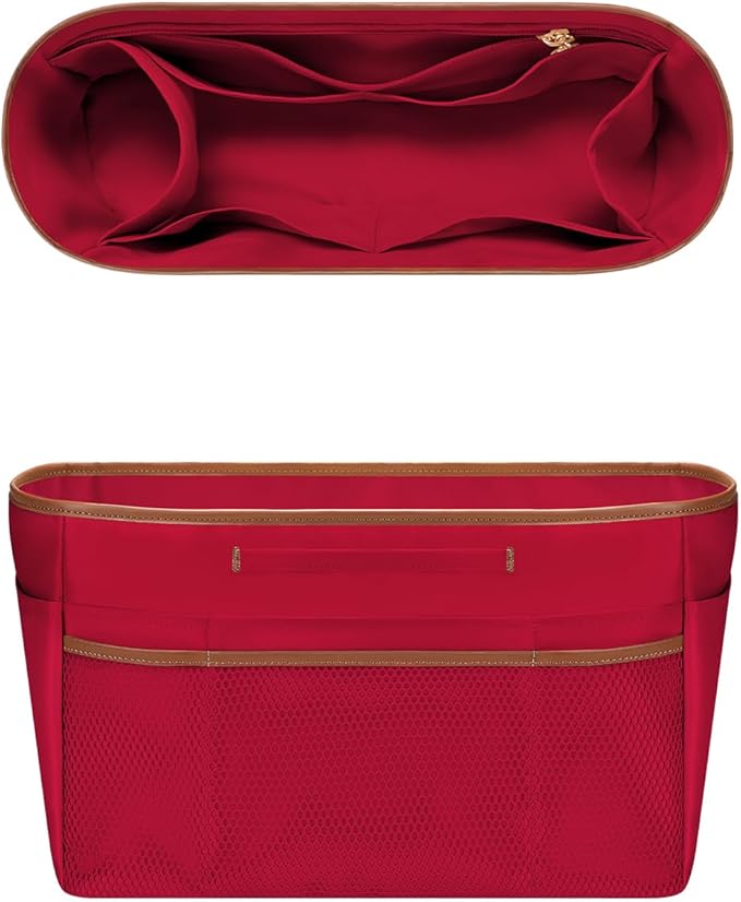 GIVLEFLY Tote Organizer Insert with Multiple Pockets Purse Dividers for Inside Bag with Handle Lightweight Purse Liner with Cup Holder Fit for Longchamp Medium Size and City 30 and More(Medium,Red)
