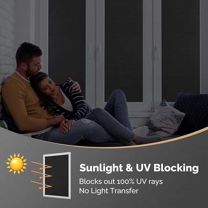 DOWELL Blackout Window Film, 100% Light Sun Blocking Static Cling Frosted Privacy Film for Glass, Heat Control Removable Window Tint, Room Darkening Cover for Day Sleep, Black, 35.4" x 118"