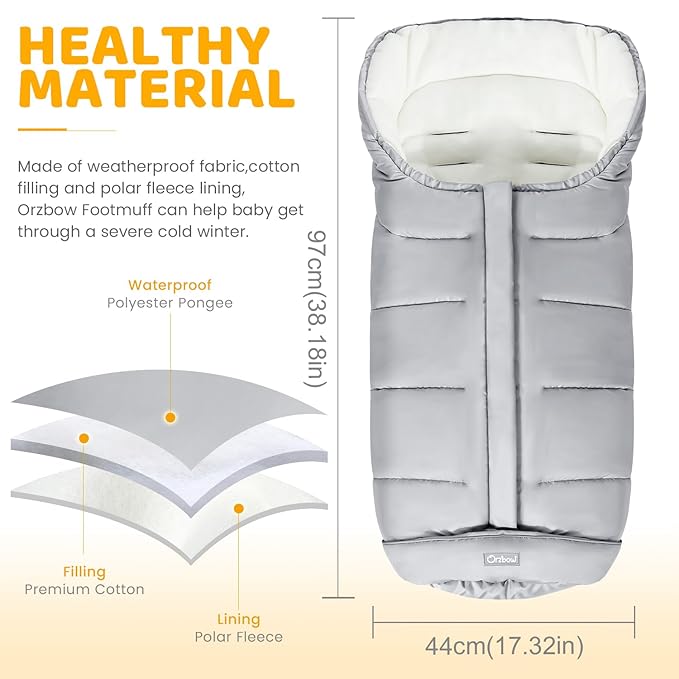 Orzbow Universal Footmuff for Baby, Winter Warm Stroller Bunting Bag, Waterproof Windproof Warm Coral Fleece Lined Toddler Sleeping Bag, Light Grey